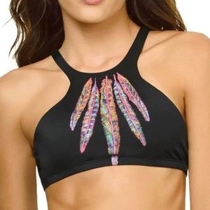 PilyQ Vida Gypsy Halter Black with Feathers trimmed in Vibrant Colors Large
